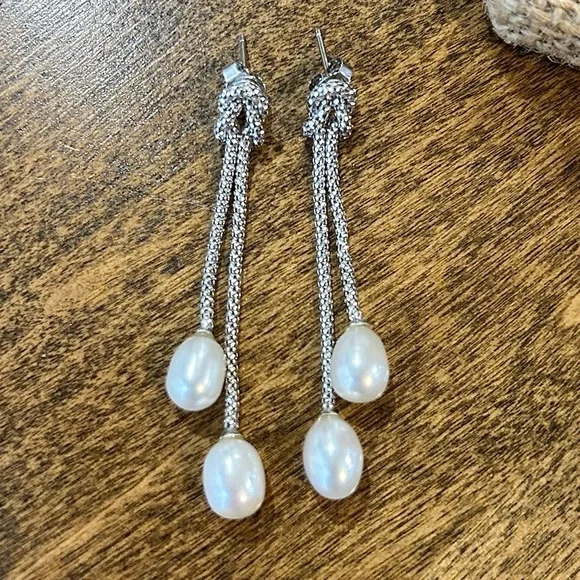 Rhodium over 925 Sterling Silver Freshwater Pearl Dangle Earrings & Necklace Set - Picture 8 of 15